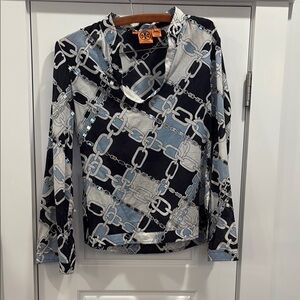 Tory Burch Black and Gray Chain Print Top
